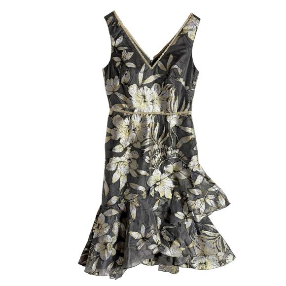 Marchesa Notte Gold Metallic Floral Print Asymmetrical Flounce Cocktail Dress 6 - Picture 1 of 16